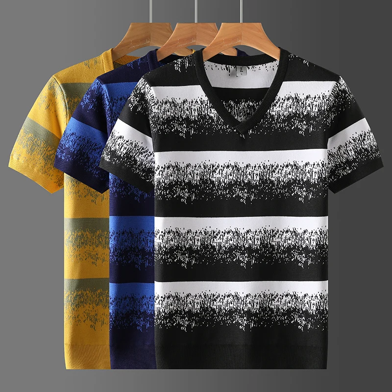 

Полосатый мужской свитер с v-образным вырезом и коротким рукавом, с коротким рукавом, осеннее качество, эластичный трикотаж из вискозы, Sueters De Hombre