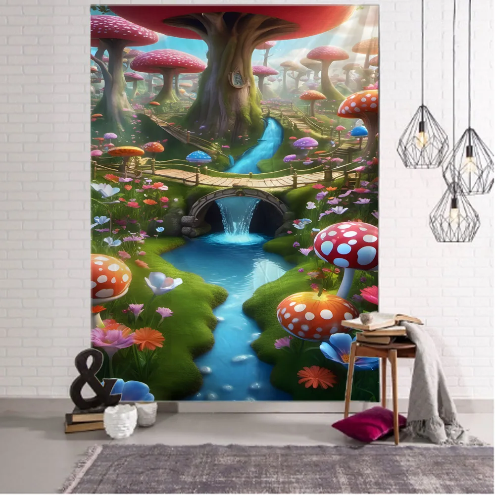 

Cartoon Mushroom Castle tapestry Mandala hippie psychedelic wall hanging living room home dormitory decoration background cloth