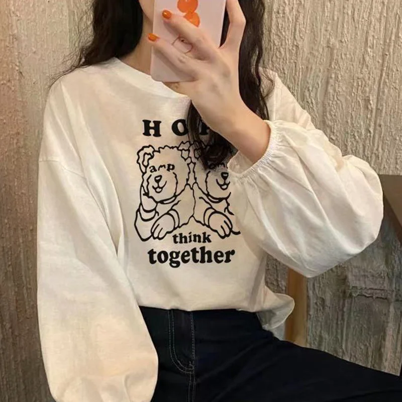 Stylish O-Neck All-match Printed Lantern Sleeve T-Shirt Female Clothing 2023 Autumn New Casual Pullovers Korean Tee Shirt