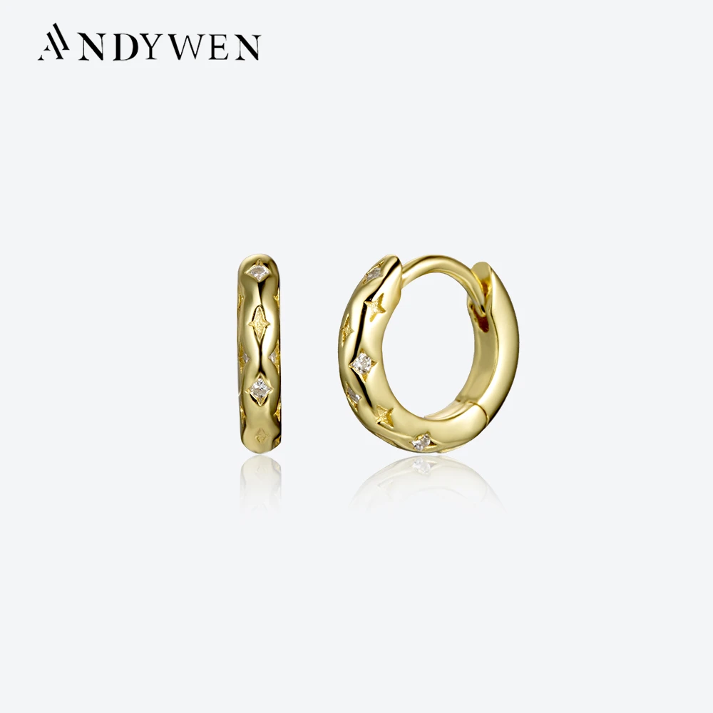 

ANDYWEN 100% 925 Sterling Silver Gold 7mm Star CZ Hoops Circle Round Huggies Women Hoops Rock Punk Fine Jewelry Valentiens Gift