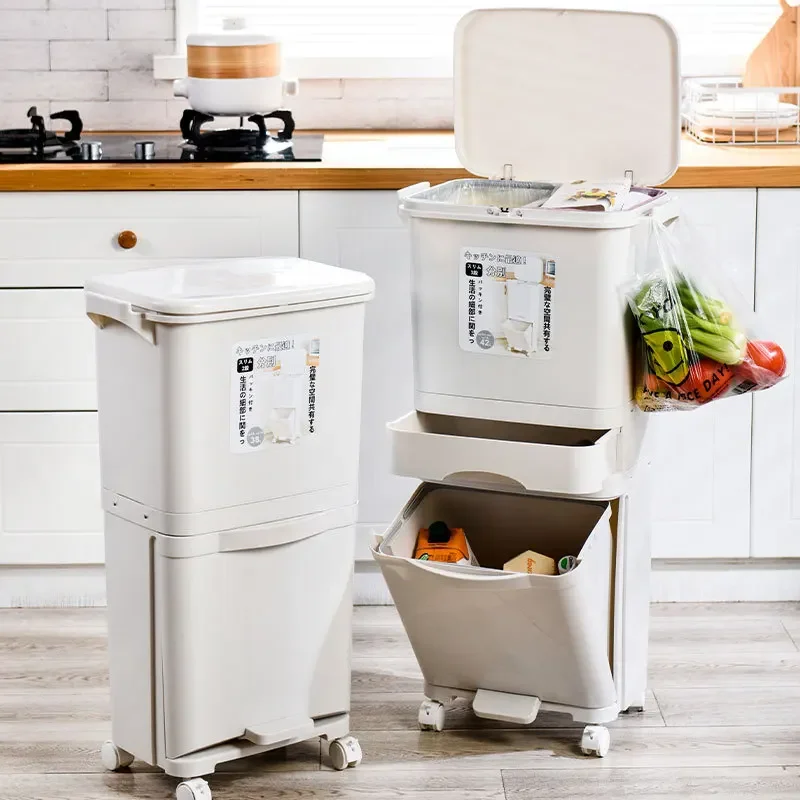 Kitchen trash can, household use, with lid, large capacity, double-layer, dry and wet separation, classification, thickened