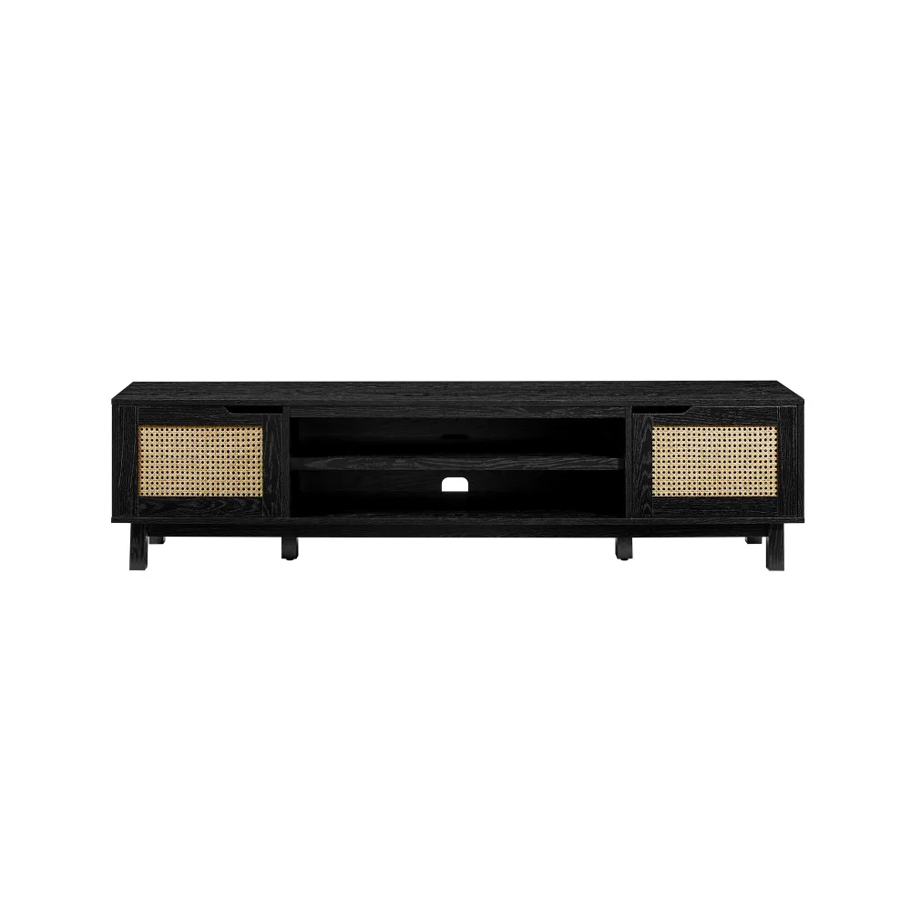 Modern Rattan-Door Low TV Stand for TVs up to 80 inches – Black