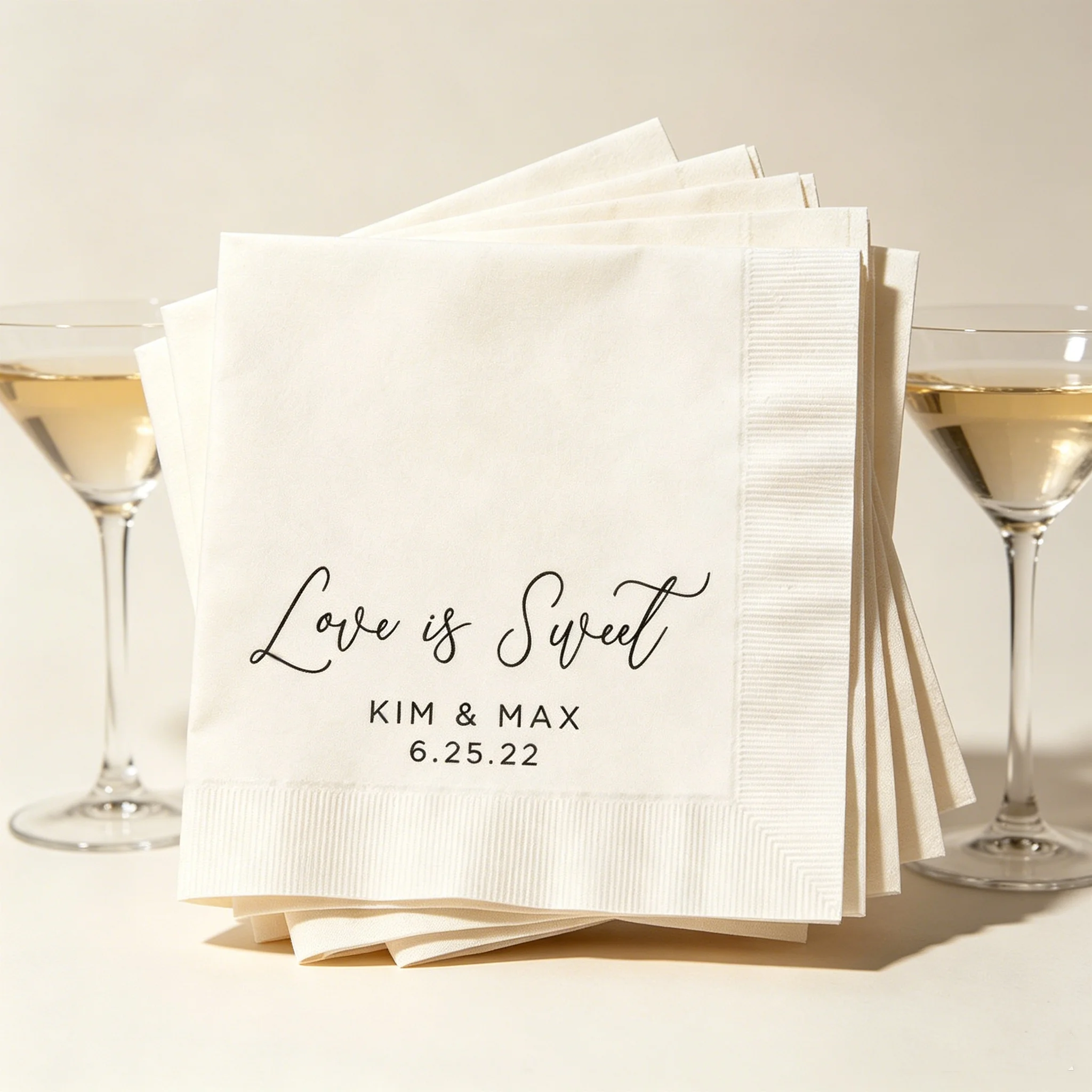 

50pcs Custom "Love is Sweet" Wedding Cocktail Napkins - Personalized Couple Names & Date Printed Disposable Beverage Napkins for