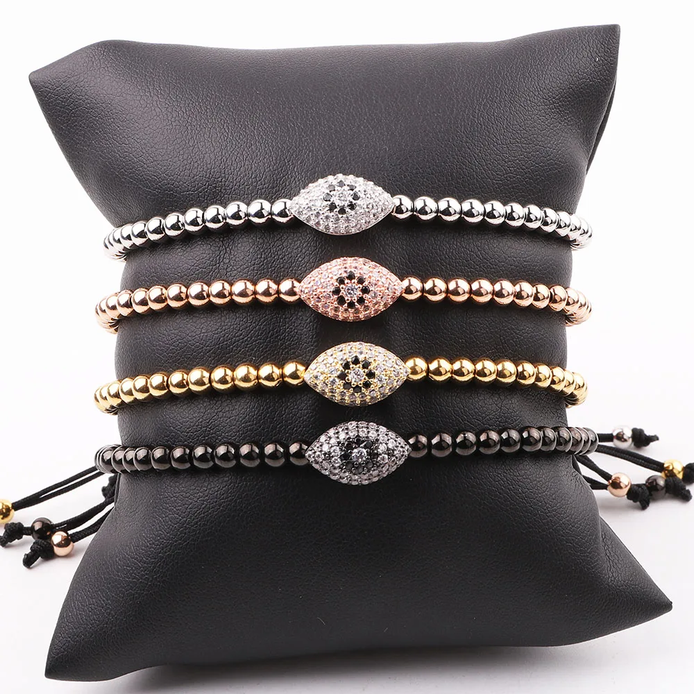 New Design CZ Evil Eye Charm Stainless Steel Beaded Macrame Adjustable Bracelet Men Women JBS12338