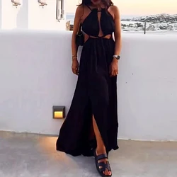 Ellafads Maxi Dress Women 2024 Summer Fashion Round Neck Solid Color Sleeveless Tie Cross Slit Pleated Elegant Holiday Dresses