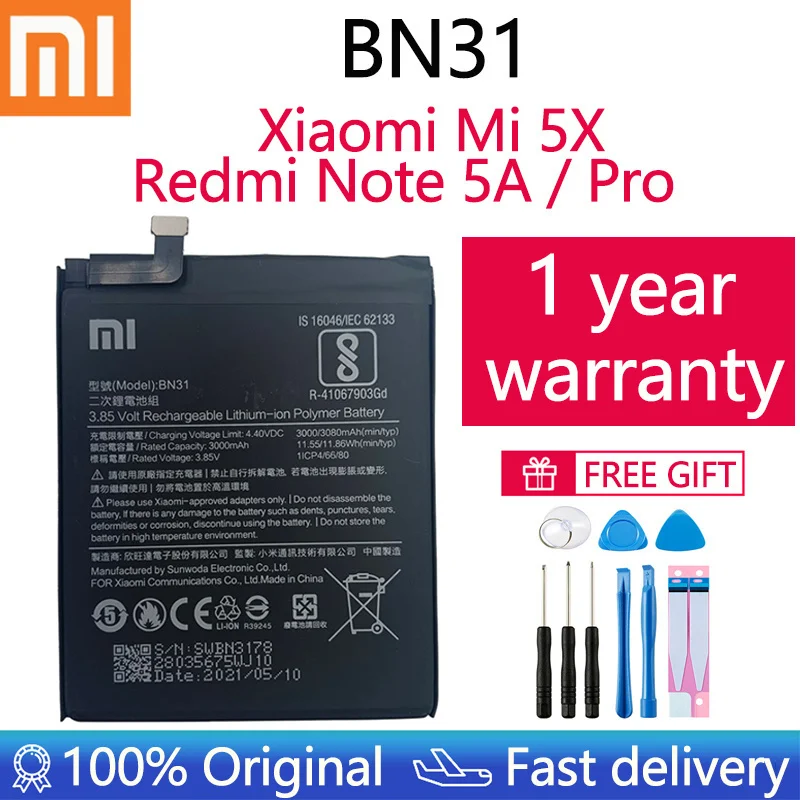 

100% Original 3080mAh BN31 Battery with Temperature sensor For Xiaomi Mi 5X Mi5X \ Redmi Note 5A pro Mobile Phone Batteries