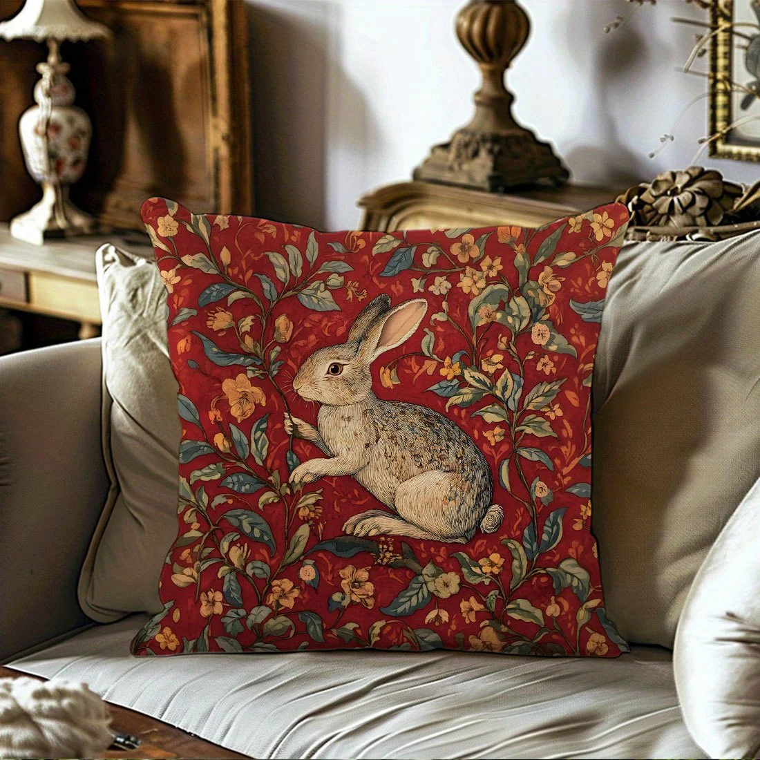 Kissenbezug im Vintage-Kaninchen-Morsor-Stil, Reißverschluss, Polyester, dekorativer Kissenbezug, Raumkissenbezug mit Reißverschluss