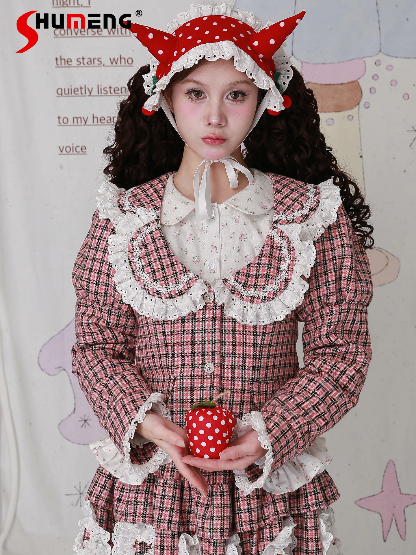 

Original Japanese Sweet Cute Girl Pink Plaid Jacket Long Sleeve Single-Breasted Slim Fit Retro Lolita Short Jackets Women Autumn