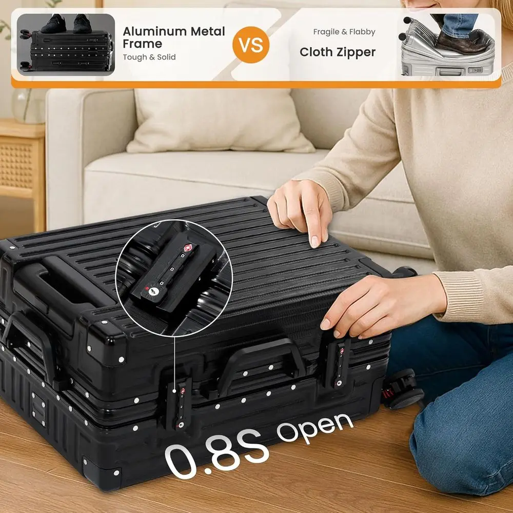 24 Medium Spinner Luggage, Aluminum Frame, TSA Lock, PC Hard Shell, Black