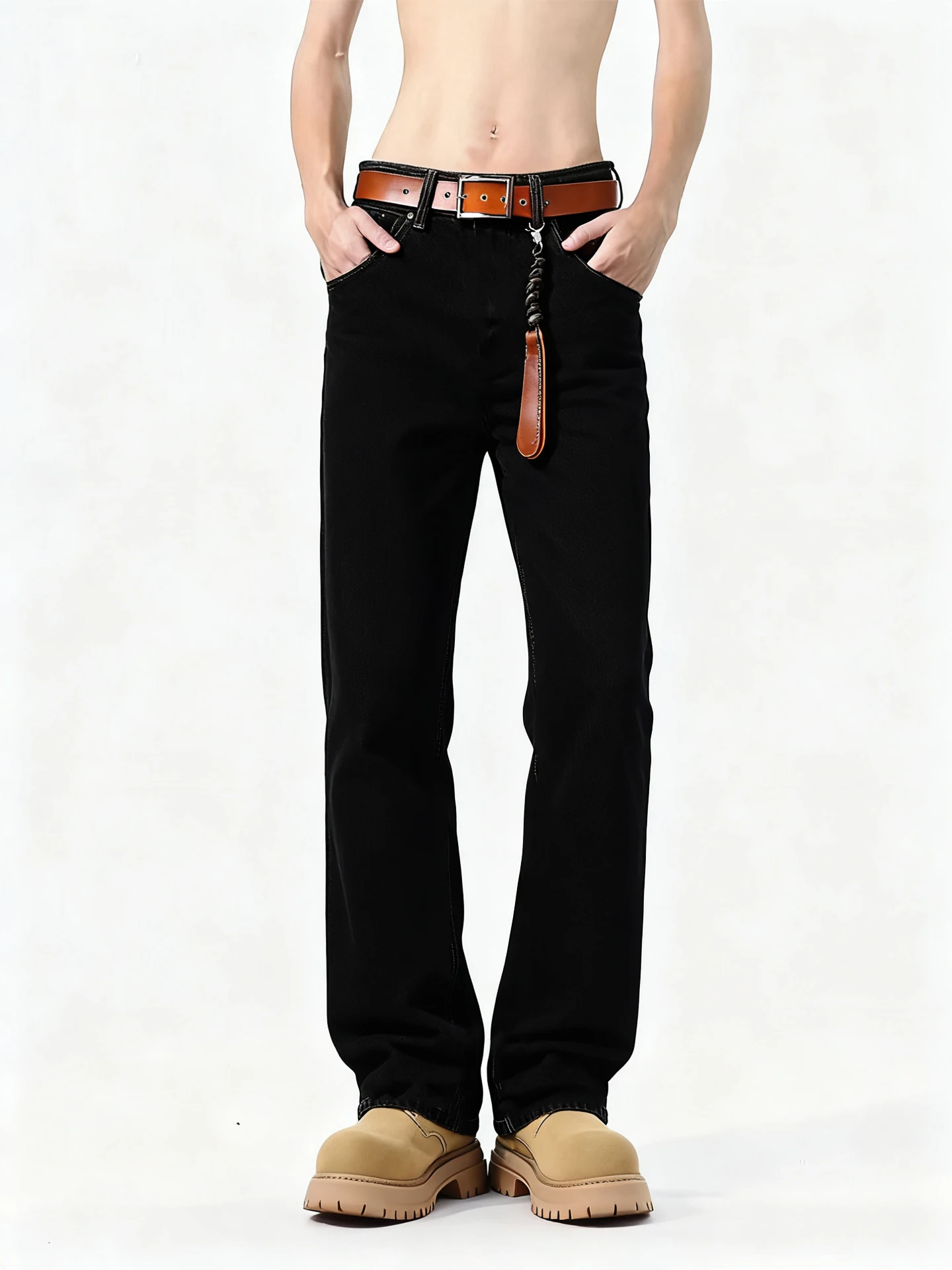 Pure Black Fleece Lined Slim Fit Men's Jeans Spring Autumn Low Waist Straight Leg Micro Flared Pants Youth Fashion Jeans