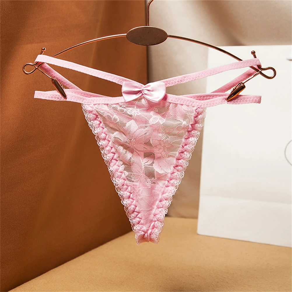 Women Sexy Lace Thong Open Crotch Bow Briefs T-back Low Rise G-string Mesh See-through Lingerie Hollow Bikini Erotic Panties