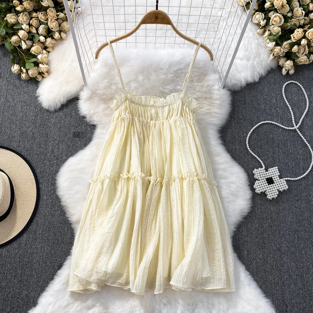 Summer French Vintage Sweet Bra Strap Fluffy Dress Sweet Spicy Loose Sleeveless Solid Aline Dress