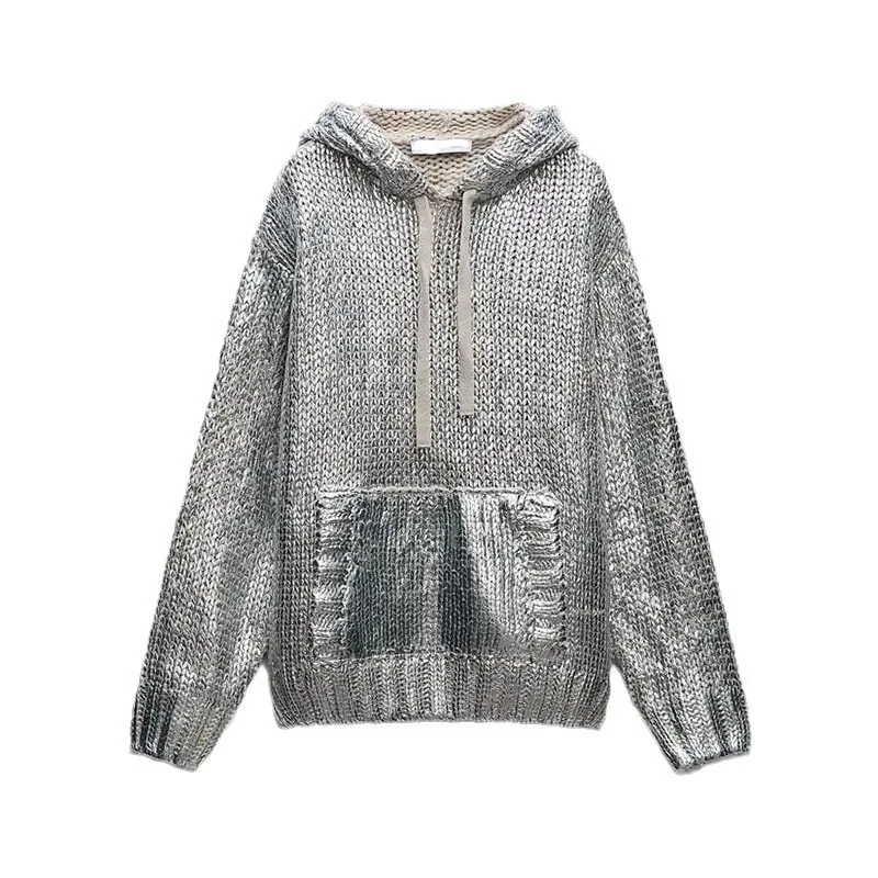 Camping Outdoor Women's sweater Personalized Street Metal coating crackle Round neck hood Knitted pullover hoodie