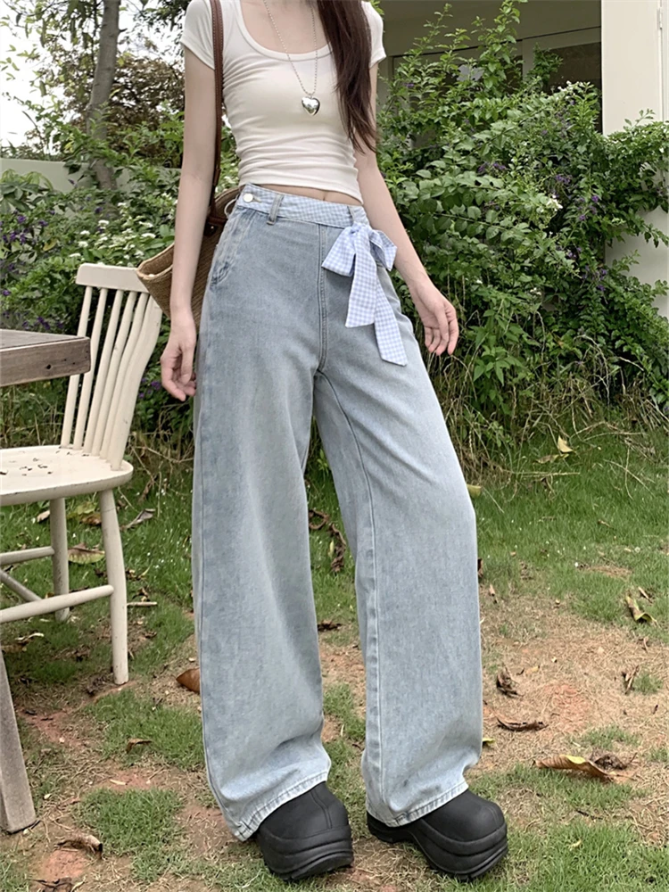 Women's Blue Checkered Stitching Straight Wide Leg Jeans Personalized Trousers Cool Girl Casual Bottoms Female Street Denim Pant