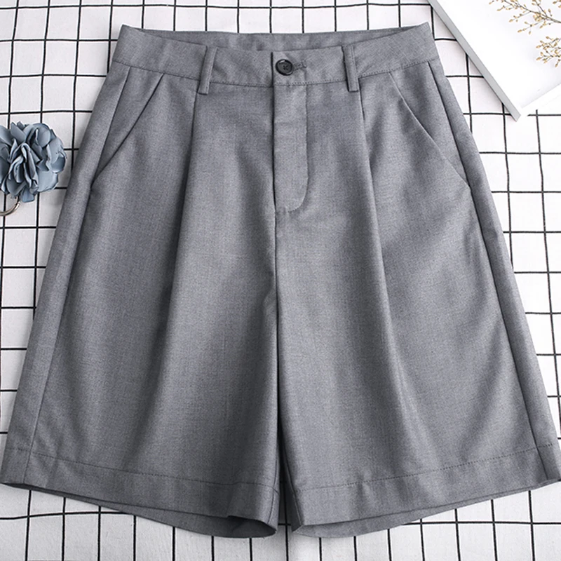 Vintage feminino solto casual preto de cintura alta ternos formais, shorts retos, harajuku feminino, shorts monocromáticos, todo o jogo, tamanho