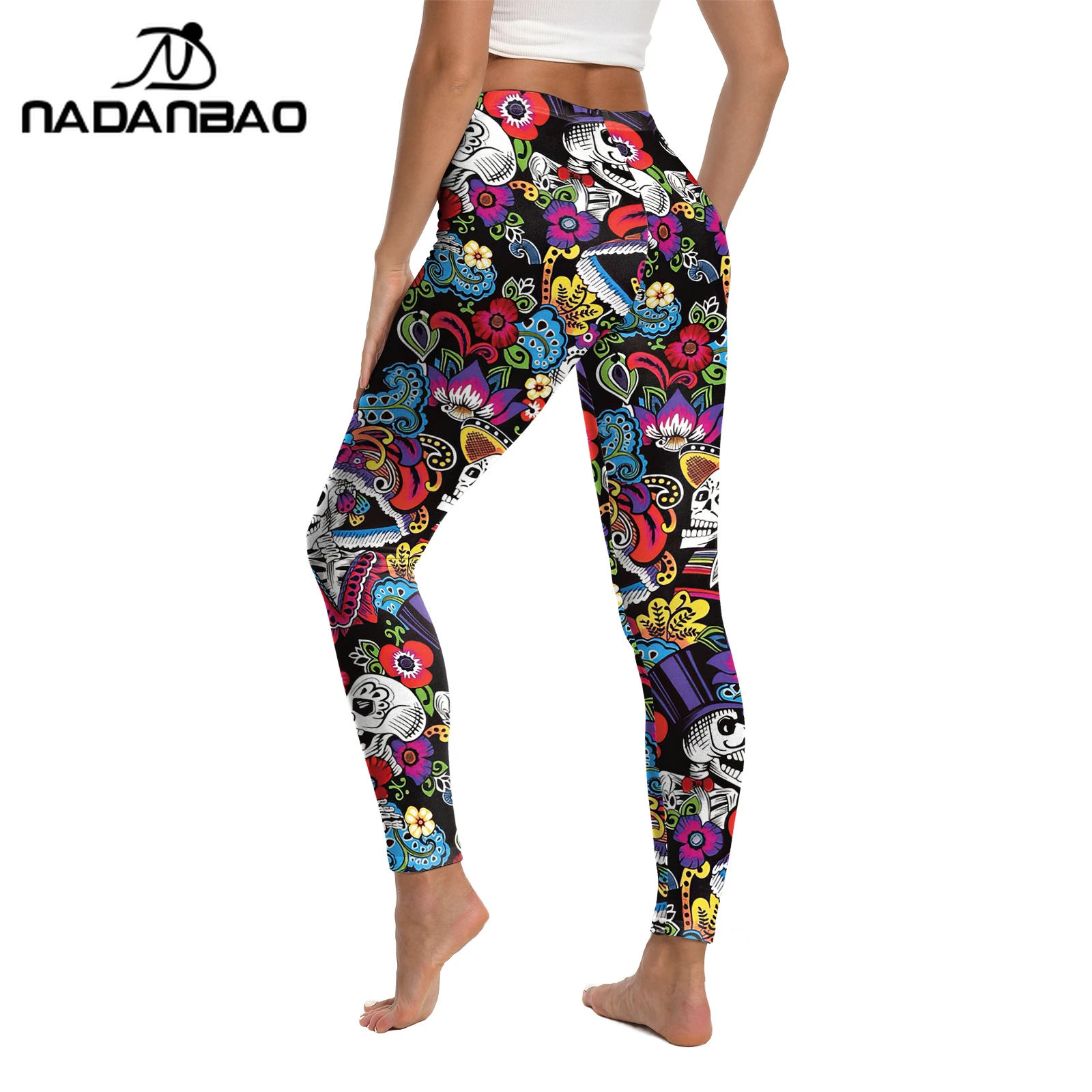 Nadanbao Leggings da donna con stampa teschio di zucchero colorato giorno dei morti Pantaloni da festival elasticizzati a vita media Collant da festa di Halloween