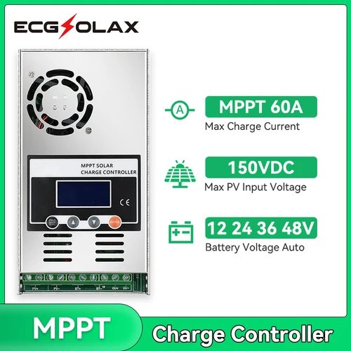 ECGSOLAX 태양광 충전 컨트롤러, 배터리 충전 레귤레이터, 60A 태양광 컨트롤러, LCD 디스플레이, 최대 PV 150VDC 입력, 48V, 36V, 24V, 12V