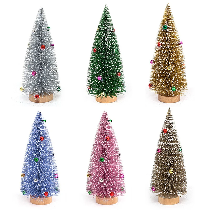 1PC Colorful Christmas Tree Powdered White Snow Frost Mini Pine Needle Trees Wooden Base Home Desktop Ornaments Decoration