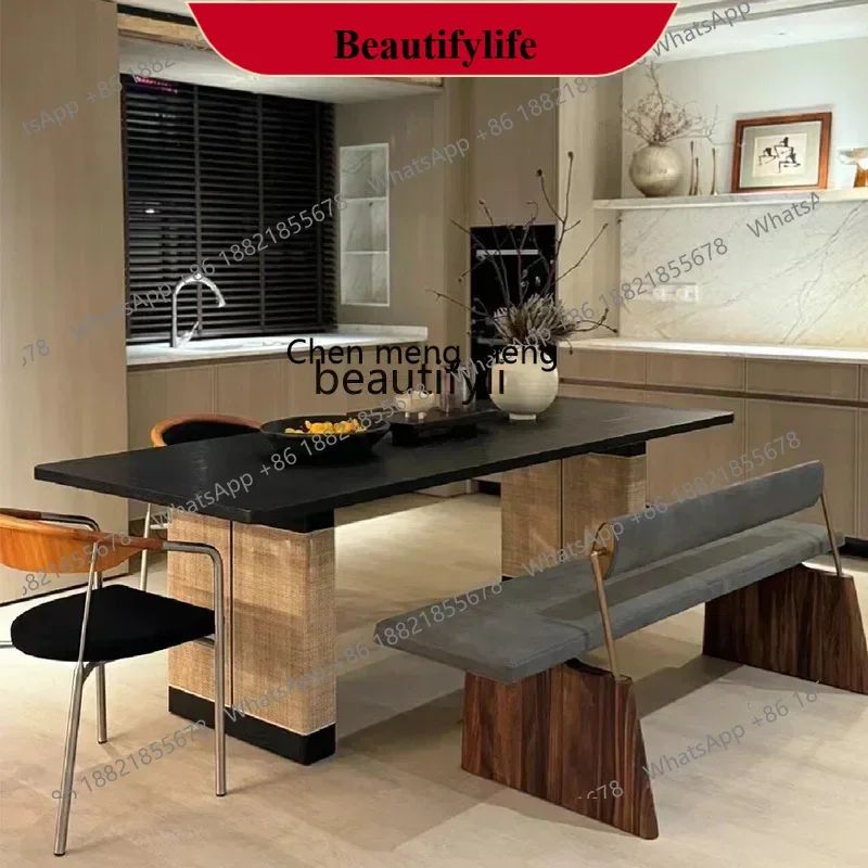 z183 Y Medieval designer art creative dining table wabi-sabi wind, rattan legs retro rectangular solid wood dining table