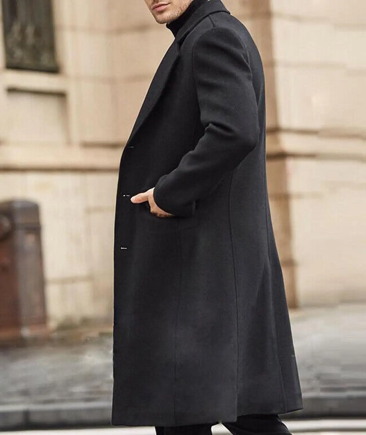 Men's Casual Trench Coat Slim Fit Notched Collar Long Overcoat Single Breasted Pea Coat Wih Pockets