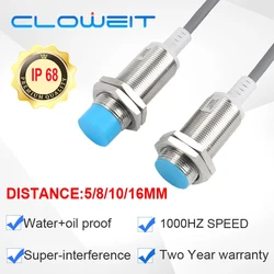 Cloweit LM18 Inductive Proximity Sensor Metal Detection Approach Switch IP68 1000Hz 16mm/10mm/8mm/5mm Distance NPN DC12/24V PLC