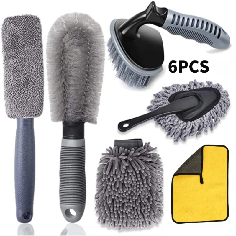 

6PCS Car Cleaning Tools Accessories Wheel Detail Brush Car Wash Gloves Dusting Mop Rag Household Cleaning Set