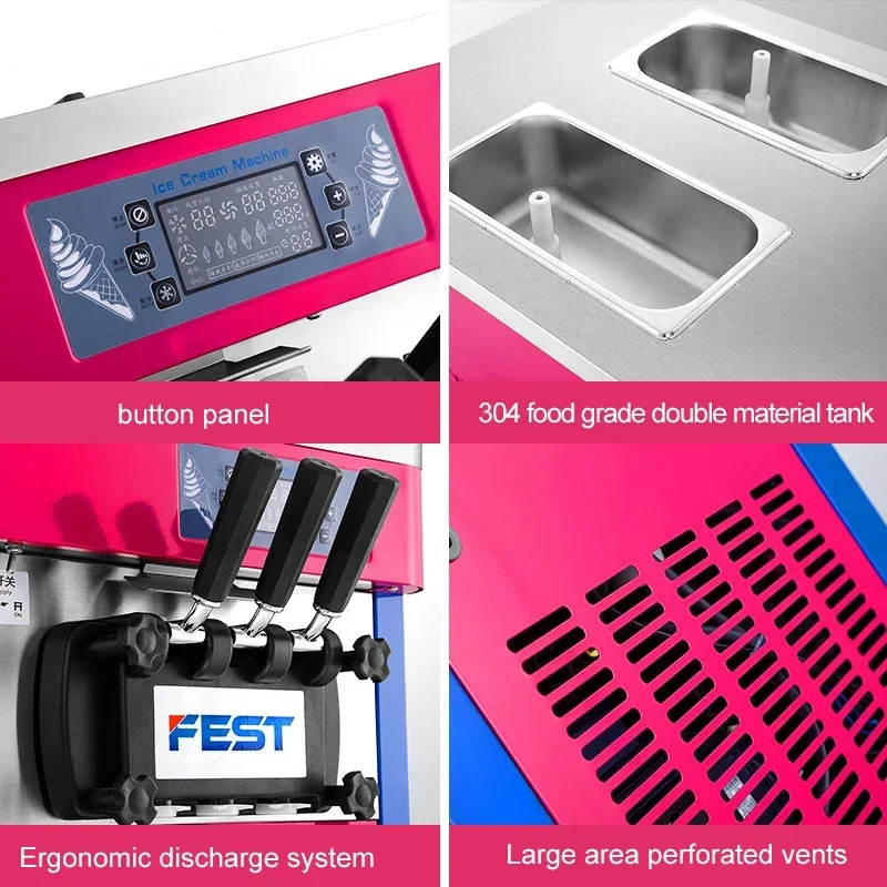 Mesin kerucut es krim otomatis komersial tiga warna, mesin es krim lembut Desktop