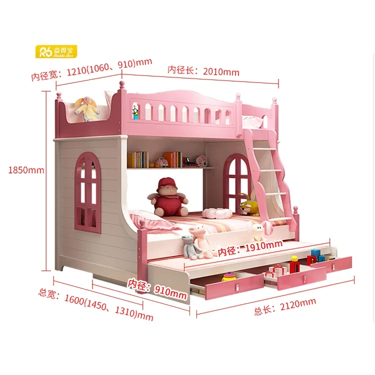 Full solid wood children more function soft bed kids magnificent pink cartoon children's princess girls bunk beds with stairs