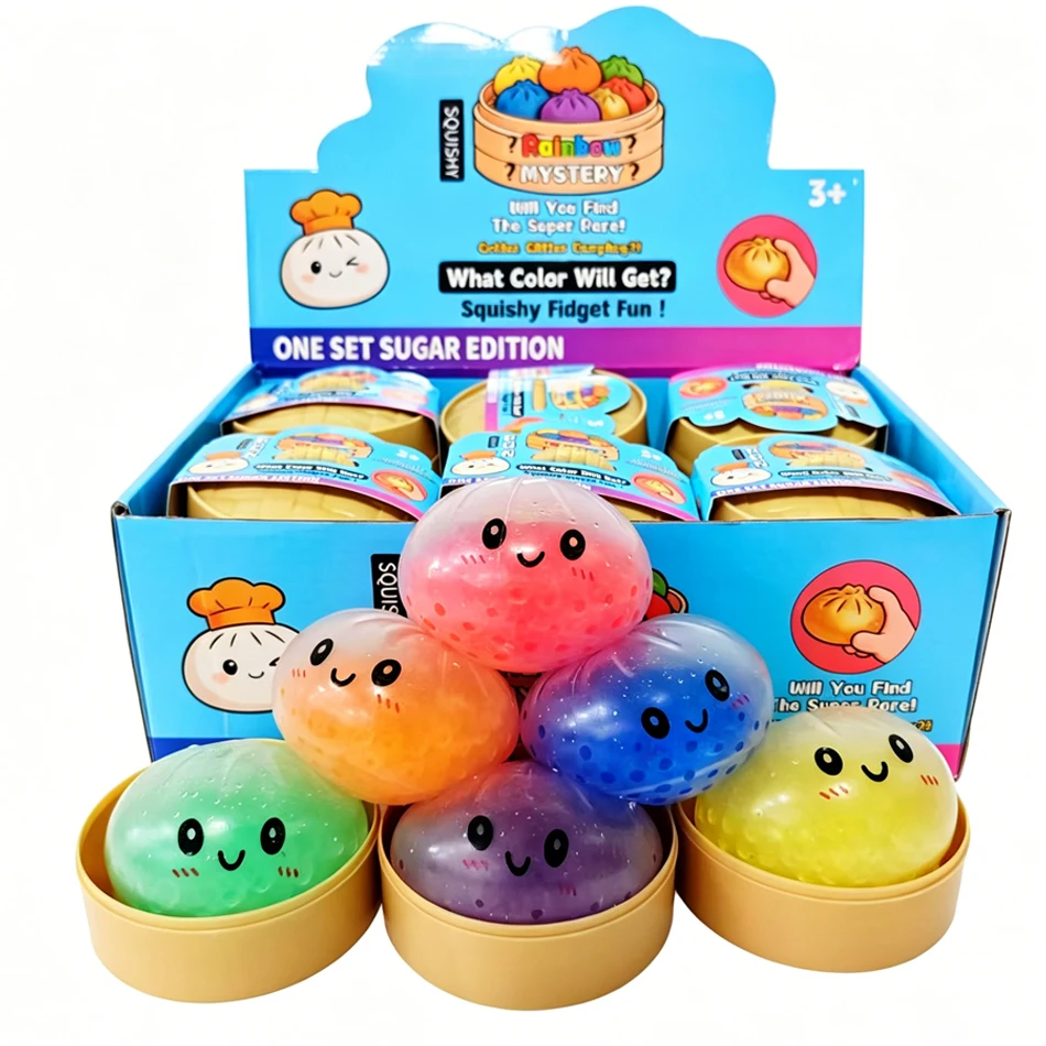 2026 Rainbow Dumpling Squishy with Bead Sensory Squeeze Toy for Stress Relief with Bamboo Steamer Funny Gift for Adult