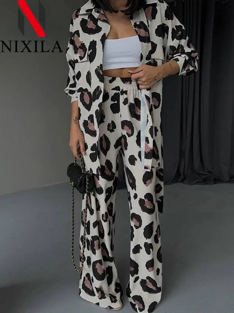 Womens Outifits Leopard Printed Elegant Women\'s Sets Casual Streetwear Long Sleeve Tops Wide Leg Pants Tracksuit Two Piece Sets