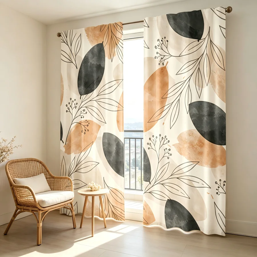 2PCS Digital Print Curtain, Brown Black Autumn Fall Leaves, Dark Moody Fall Gothic Style for Living Room Bedroom Decor
