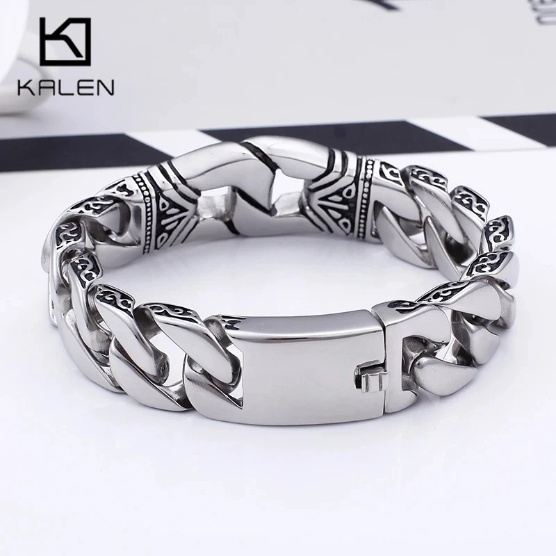KALEN Stainless Steel Handcuff Bracelet Homme Bracelets For Men 18mm Heavy Chunky Linking Cuban Chain Jewelry Metal Accessories