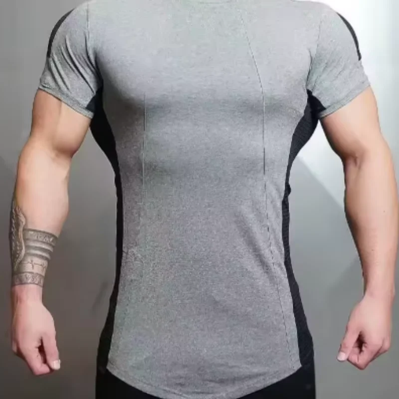 

2025 Male Fitness T-shirt Summer Men's Athleisure Workout short sleeve T-shirt Compress quick-dry Men T-shirt Gym Sports Tops
