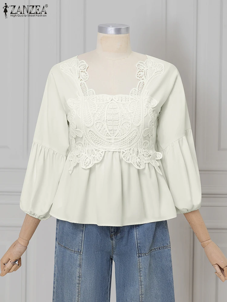 بلوزة نسائية من الدانتيل الصلبة بياقة مربعة قطع علوية للخريف من ZANZEA 2025 موضة 3/4 كم فانوس سترة أنيقة بلوفرات فضفاضة غير رسمية #4
