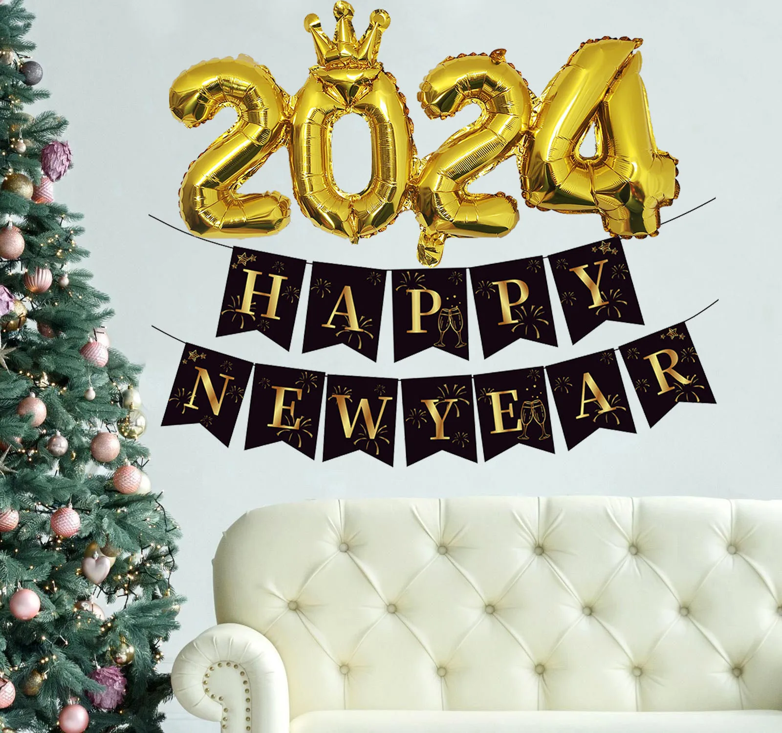 Happy New Year 2024 Banner Foil Balloons Christmas Decorations For Home 2023 Xmas Eve Party Supplies Globos Navidad Decor