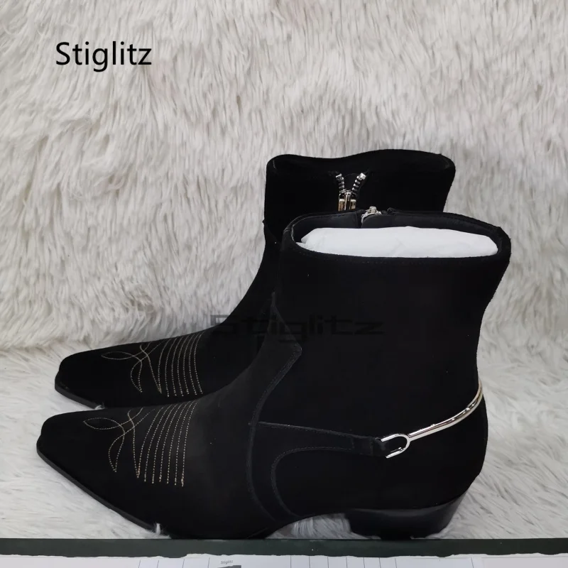 Men's Embroidery Totem High-Heeled Ankle Boots Pointed Toe Genuine Leather Chelsea Boots Stylish Motorcycle Boots Male Shoes