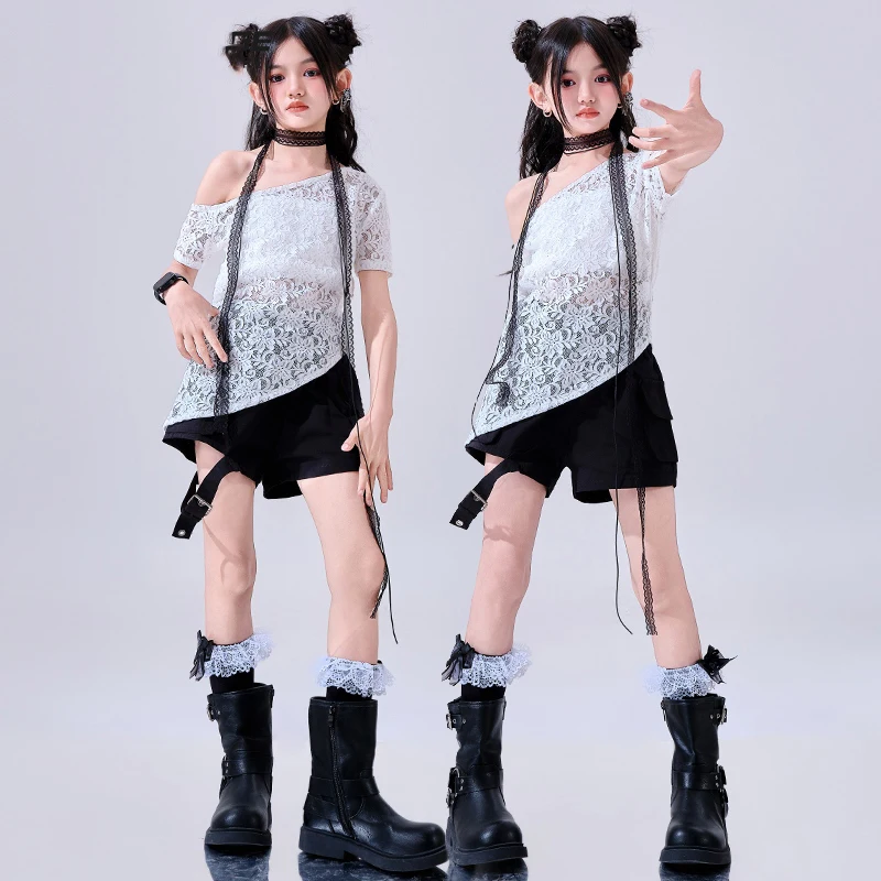 女の子ジャズ衣装白レーストップス半袖-kpop-ダンス服チアリーディングパフォーマンススーツ子供ヒップホップ衣装-bl15774