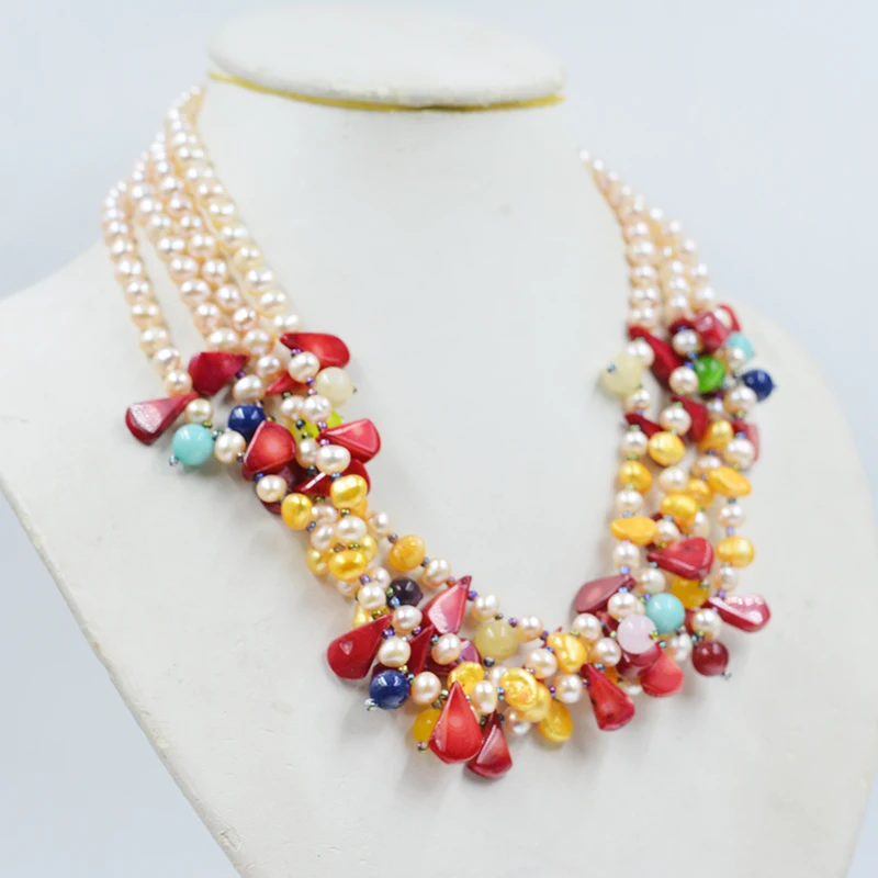 4 shares. 19 inches. Natural pink freshwater pearl/coral/semi-precious stone necklace. Beautiful bridal wedding jewelry