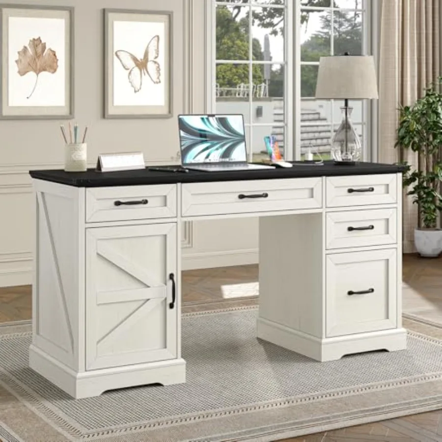 57 مكتب تنفيذي مكتب كمبيوتر المزرعة مع أدراج وخزانة ملفات مع محطة شحن مكتب مكتب منزلي خشبي ومساحة عمل