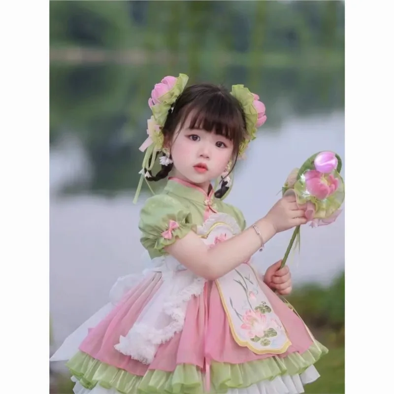 Girls Spring Dress Children Chinese Ancient Style Lolita Dress 2024 New Princess Dress Rabbit Printed Baby Hanfu Dress ZE443