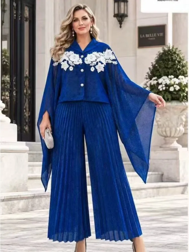 2026 African Women's Clothing Set Splicing Premium Wide-leg Pants with Top Miyake Pleated Loose Two-piece Set