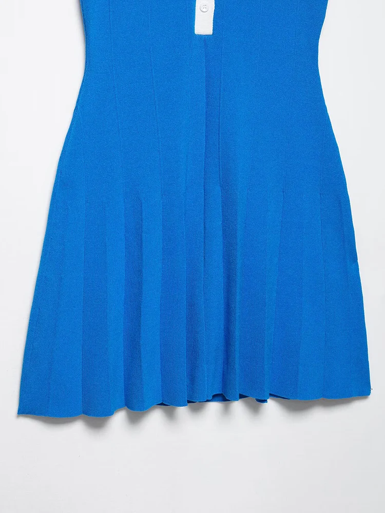 KUCLUT Women Fashion Blue Pleated Knitted A-Line Mini Dress Vintage Lapel Neck Short Sleeves Female Chic Lady Dresses