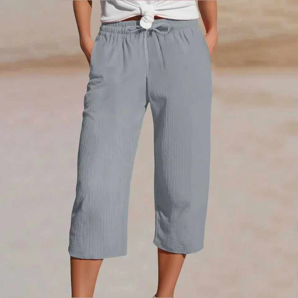 Womens Cotton Linen Capri Pants Summer Daily Cool Comfy Beach Pants Casual Drawstring Elastic Waist Cropped Trousers Pantalones