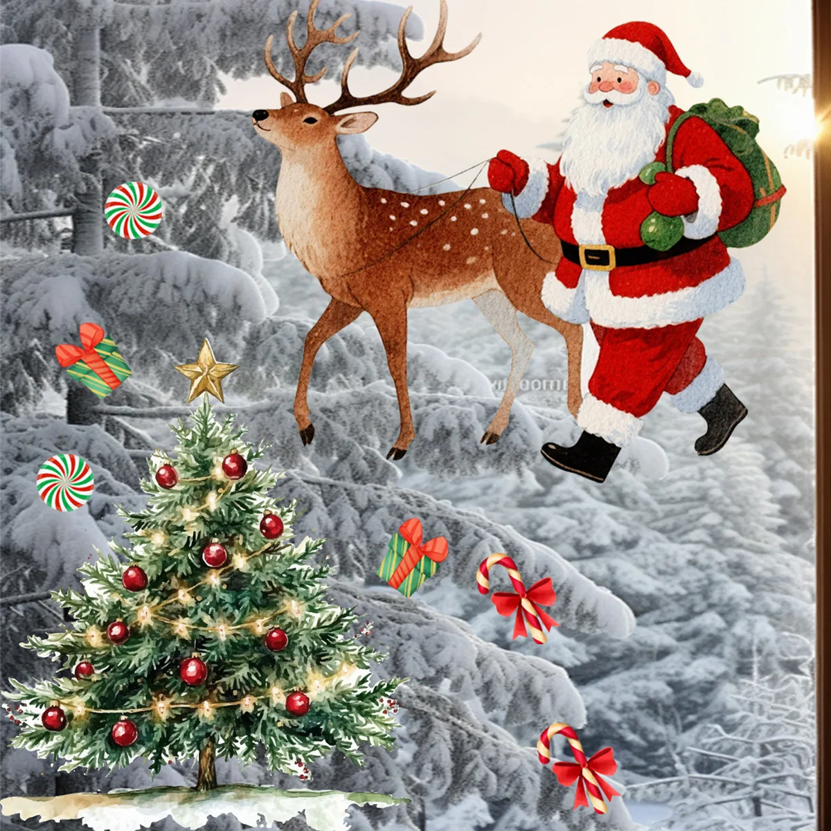 Christmas Theme Wall Sticker Santa Claus deer Christmas Tree Merry Christmas Creative Holiday Background