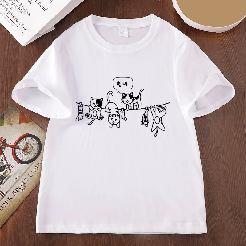 Cute Cat T-Shirt Funny Cats and Korean Hangul Graphic T-shirts K-Drama Cats Fish Printed Tshirts Casual Round Neck Clothes Tops