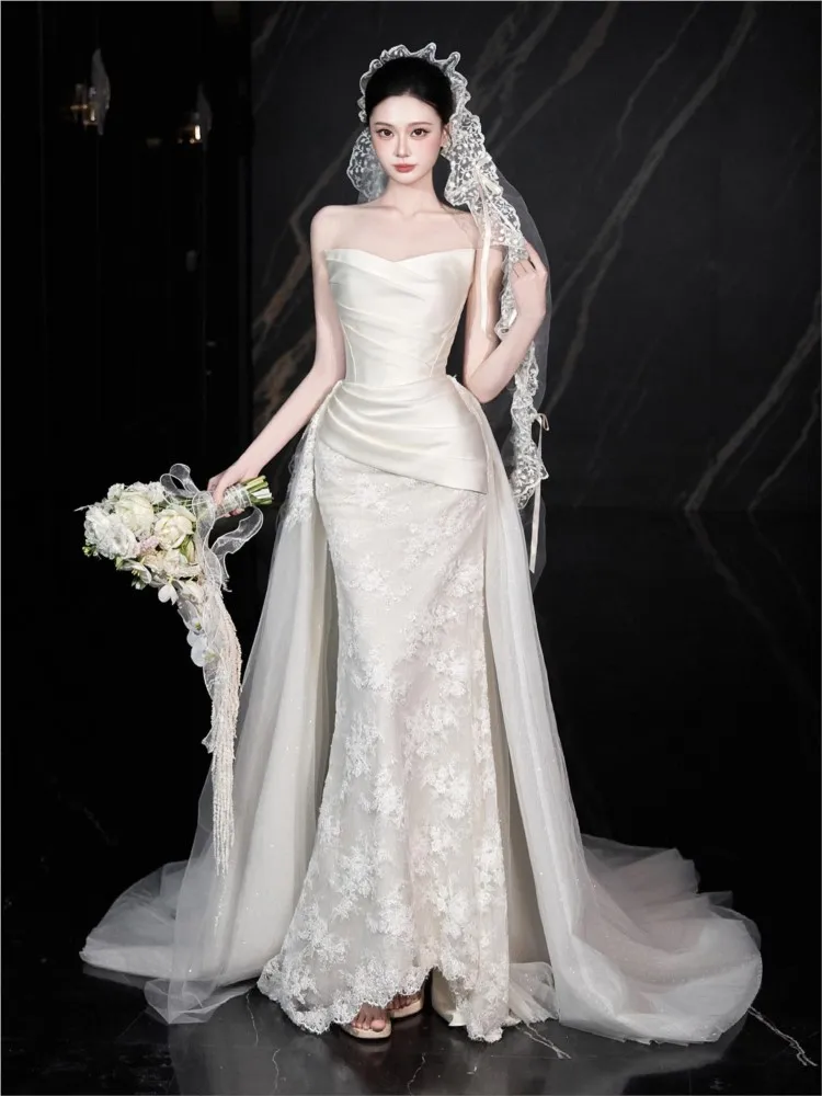 Strapless satin light fishtail lace wedding dress with a tulle tail