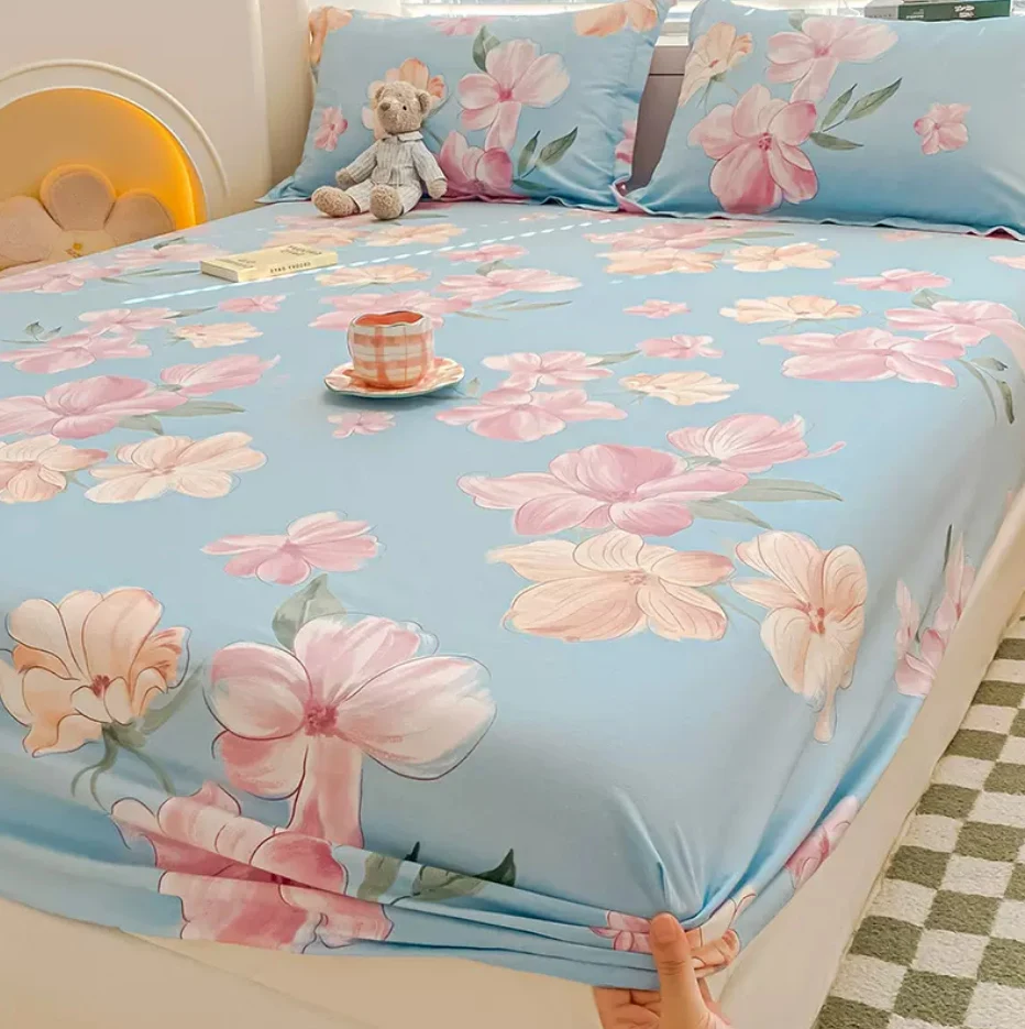 Parure de lit 100% coton, ensemble de literie avec drap-housse + 2 taies d'oreiller, motif dessin animé floral, simple, double, queen size, king size, B103A