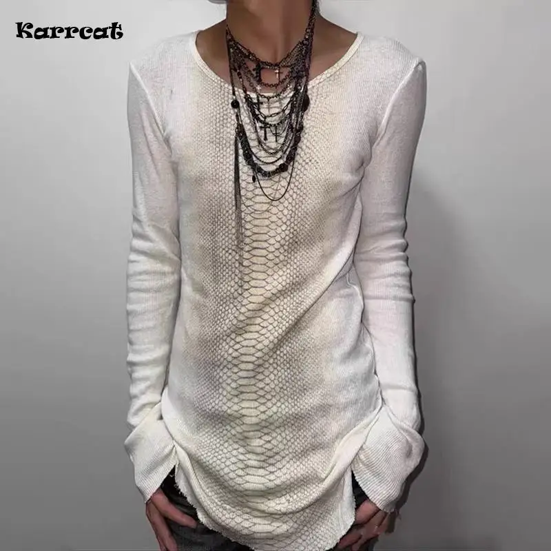 Karrcat Trashy Y2k T-Shirt mit Schlangenleder-Print, Grunge-Ästhetik, langärmelige Strickoberteile, Vintage 2000er Streetwear, amerikanischer Retro-Stil