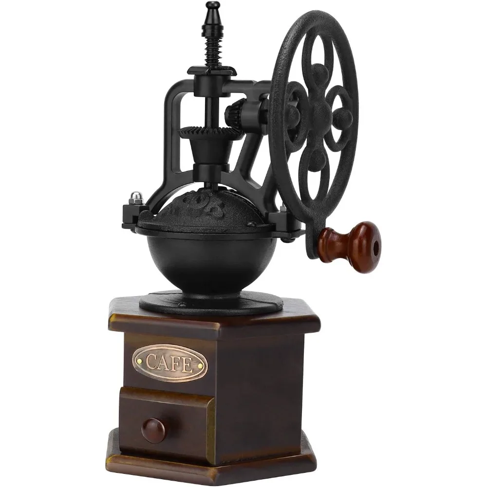 

Ручная кофемолка, деревянная античная конструкция, чугунная ручная рукоятка, мельница для кофейных зерен для домашнего использования, деревенская кухня, кофейня