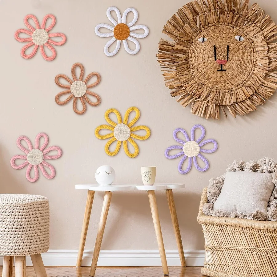 

Zeyune 6 Pcs Boho Daisy Flower Wall Art Decor Boho Daisy Floral ry Art Decor Woven Macrame Wall Hanging for Home Indoor Decorat
